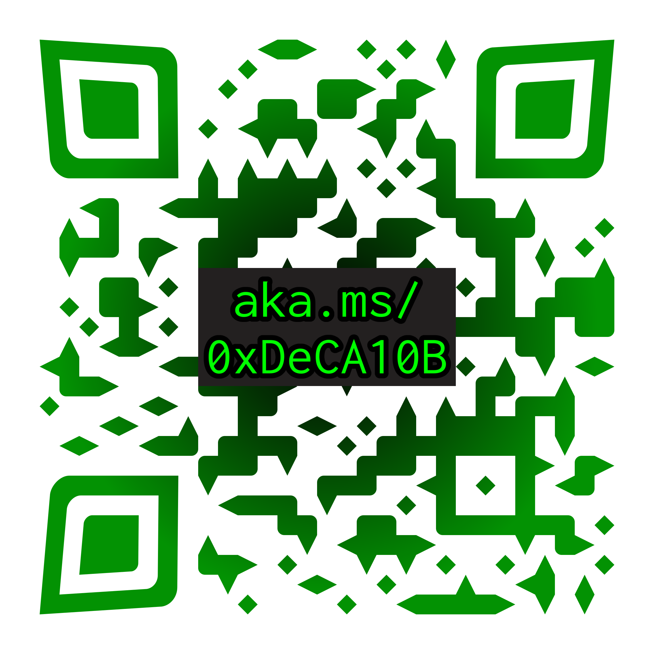 Picture of a QR code with aka.ms/0xDeCA10B written in the middle.